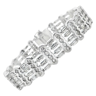 Vintage 18K White Gold Wide Multi-row Bracelet 9.88 Carat Round & Baguette Natural Diamonds