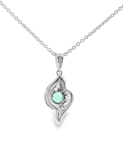 18K White Gold Pendant Necklace With Diamonds & Emerald Center