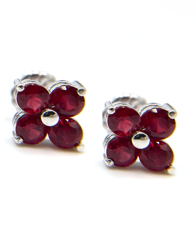 14K White Gold Clover Quatrefoil Shaped Earrings with Round Rubies and Pushbacks