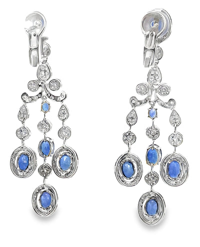 18K White Gold Blue Sapphire and Diamond Chandelier Earrings