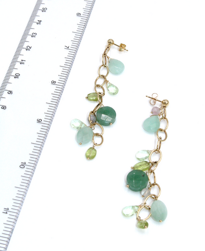 Drop Earrings Multicolor Green and Purple in 14K Yellow Gold