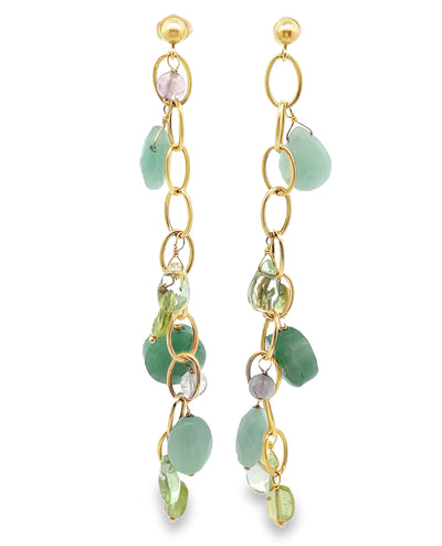 Drop Earrings Multicolor Green and Purple in 14K Yellow Gold