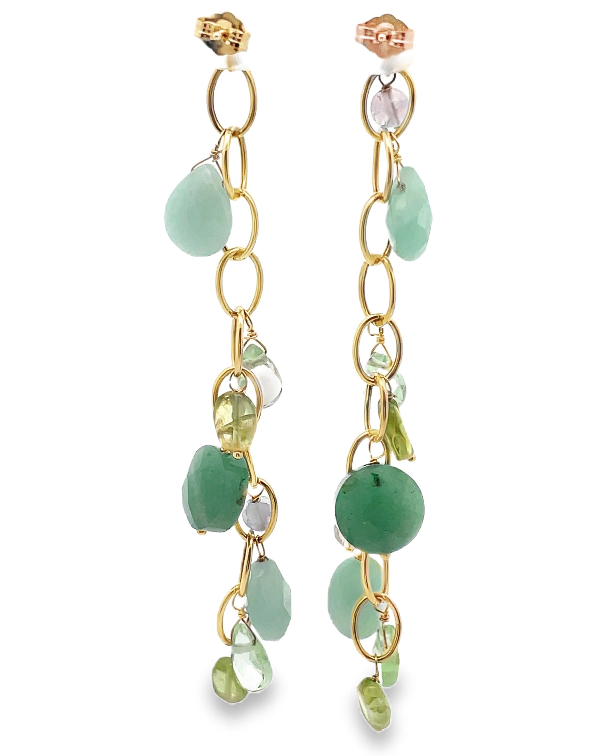Drop Earrings Multicolor Green and Purple in 14K Yellow Gold