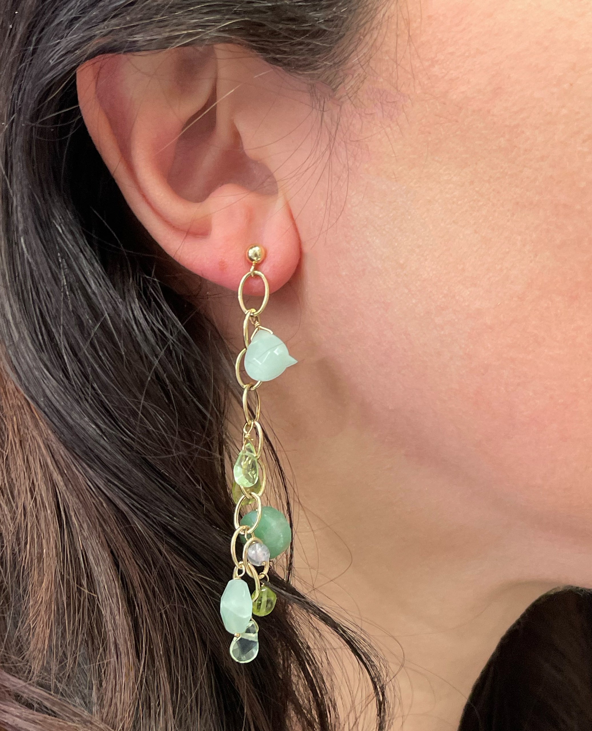 Drop Earrings Multicolor Green and Purple in 14K Yellow Gold