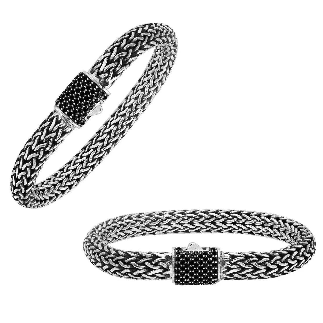 Sterling Silver Thick Tulang Naga Chain Bracelet, 8 Inches with Black Cubic Zirconia Push Clasp