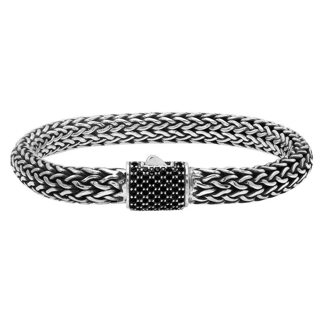 Sterling Silver Thick Tulang Naga Chain Bracelet, 8 Inches with Black Cubic Zirconia Push Clasp