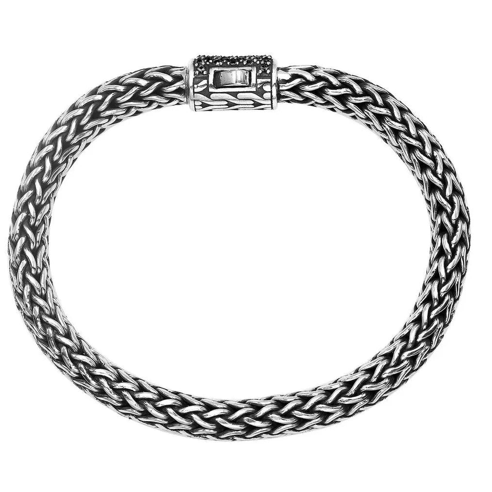 Sterling Silver Thick Tulang Naga Chain Bracelet, 8 Inches with Black Cubic Zirconia Push Clasp