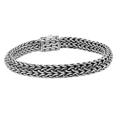 Sterling Silver Thick Tulang Naga Chain Bracelet, 8 Inches with Black Cubic Zirconia Push Clasp