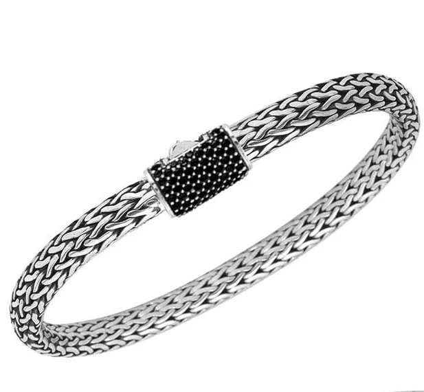 Sterling Silver Thin Tulang Naga Bracelet, 8 Inches with Black Cubic Zirconia Barrel Lock