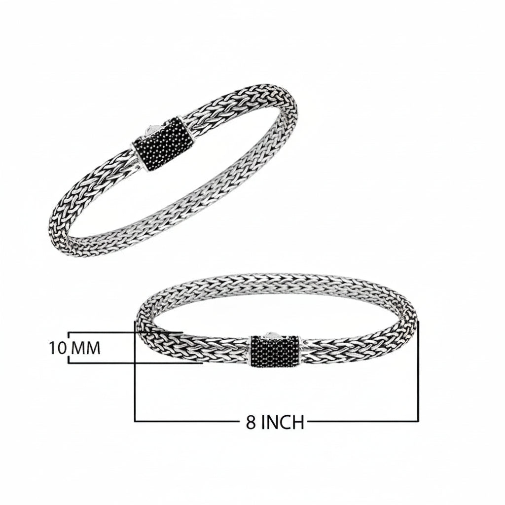 Sterling Silver Thin Tulang Naga Bracelet, 8 Inches with Black Cubic Zirconia Barrel Lock