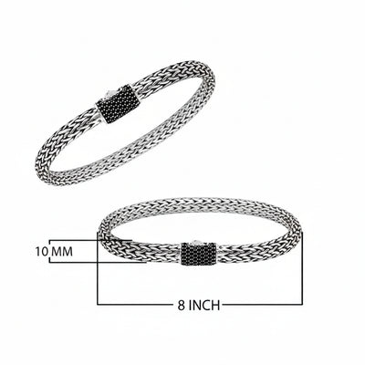 Sterling Silver Thin Tulang Naga Bracelet, 8 Inches with Black Cubic Zirconia Barrel Lock