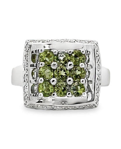 Curved Peridot & Diamond Ring in 14K White Gold