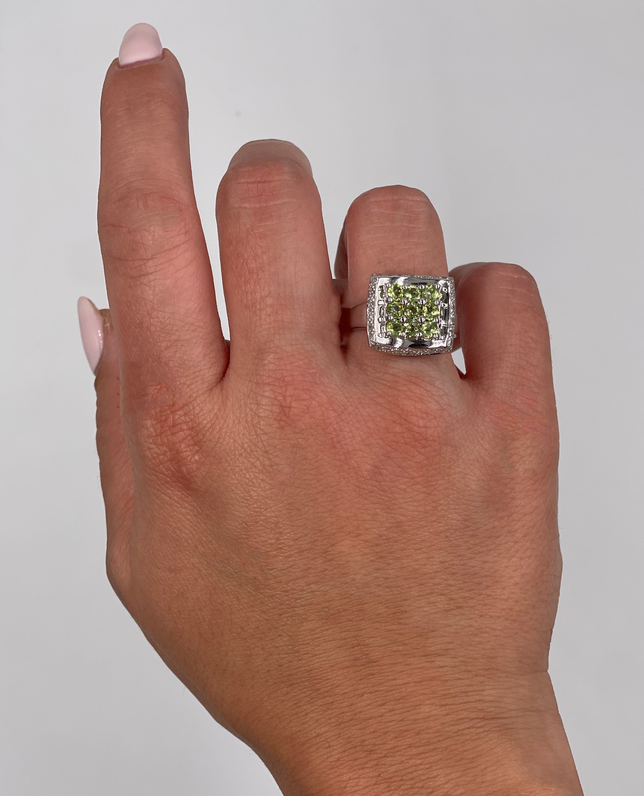 Curved Peridot & Diamond Ring in 14K White Gold