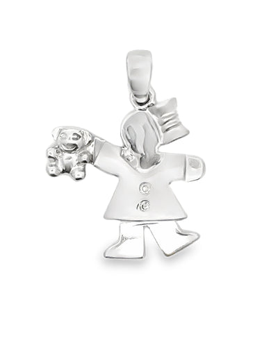 14K White Gold Girl with Teddy Bear Pendant With Diamond