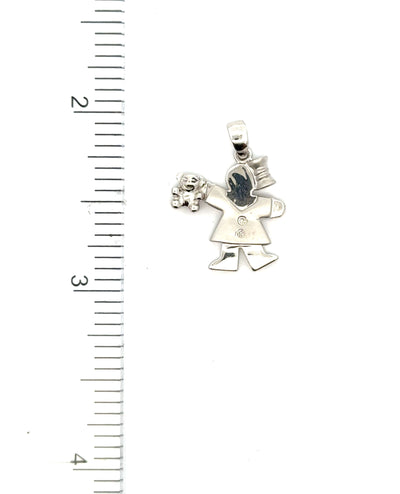 14K White Gold Girl with Teddy Bear Pendant With Diamond