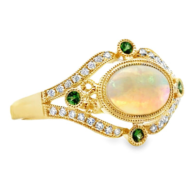 14K Yellow Gold Ring with Oval Opal 0.57 Carat, Round Diamonds 0.14 Ct and Green Garnets 0.07 Ct