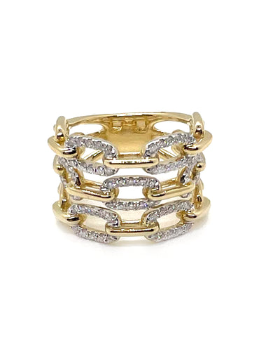 Three Row Paperclip Link Diamond Ring 0.55 Carats in 14K Yellow Gold