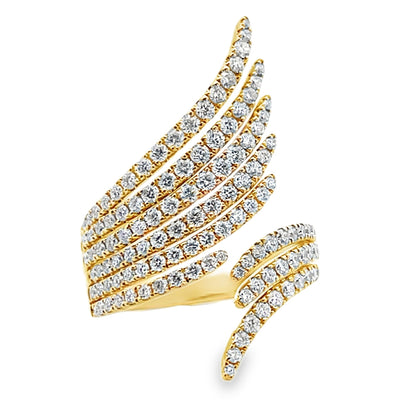 14K Yellow Gold Asymmetric Feathered Ring With Round Diamonds Totaling 1.37 Carats