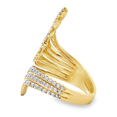 14K Yellow Gold Asymmetric Feathered Ring With Round Diamonds Totaling 1.37 Carats