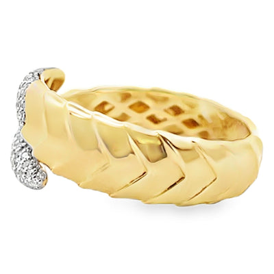 14K Yellow Gold Bypass Ring With Scaled Design, Tapered Ends And Round Diamonds Totaling 0.30 Carats