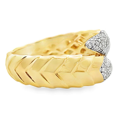 14K Yellow Gold Bypass Ring With Scaled Design, Tapered Ends And Round Diamonds Totaling 0.30 Carats