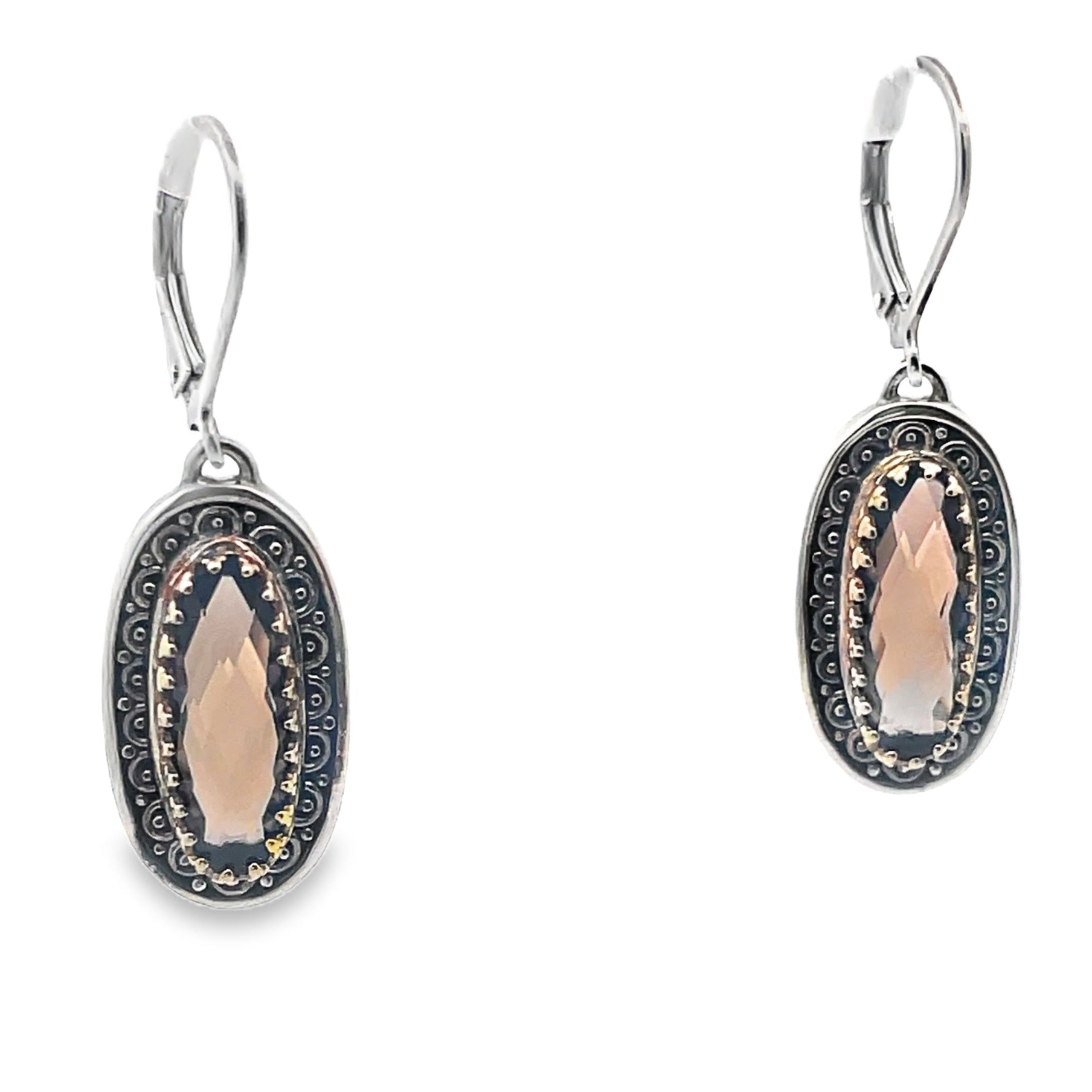 Sara Blaine Sterling Silver Drop Earrings with 18K Yellow Gold Accents and Oval Smoky Topaz