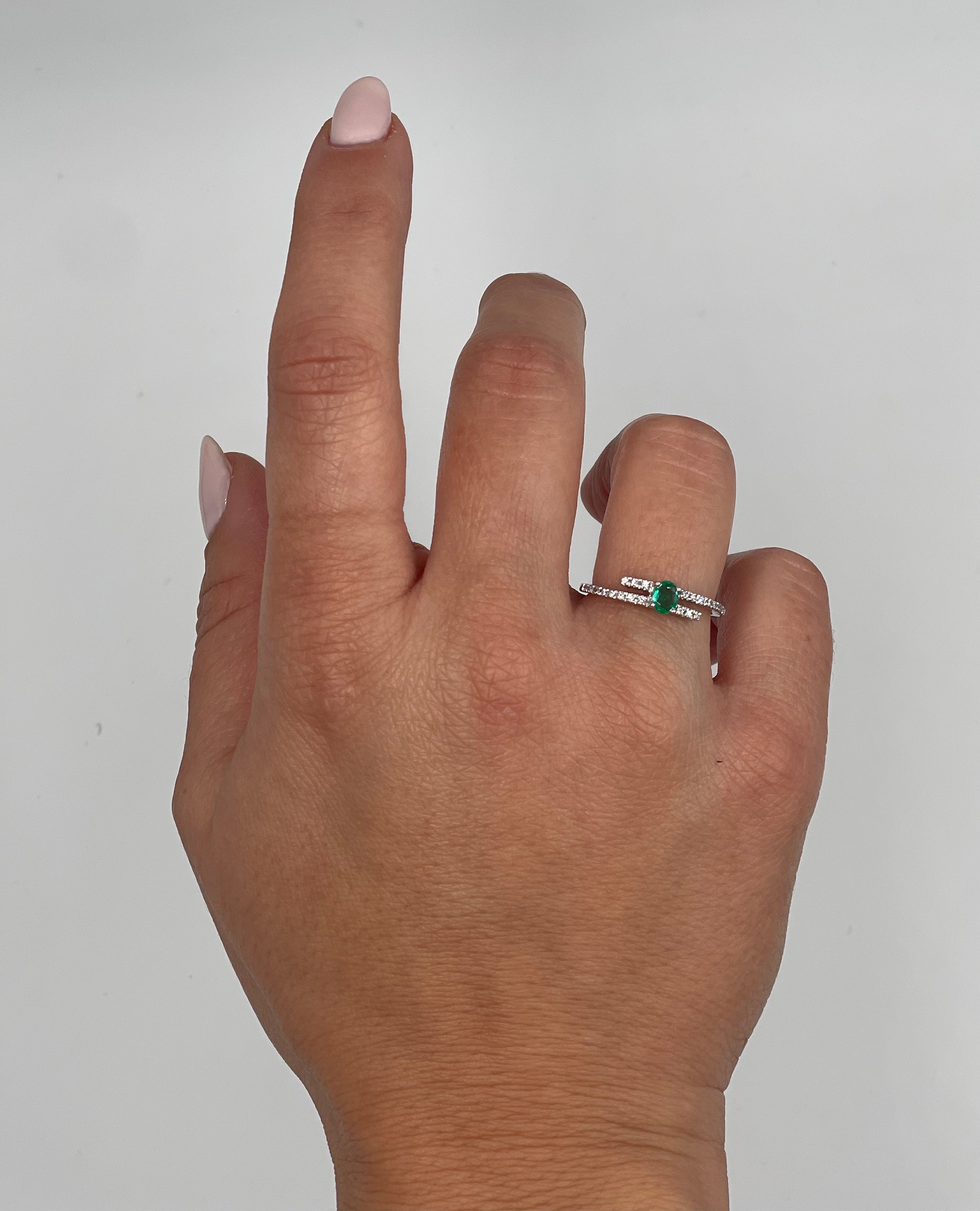 14K White Gold Bypass Ring with Emerald and Diamonds