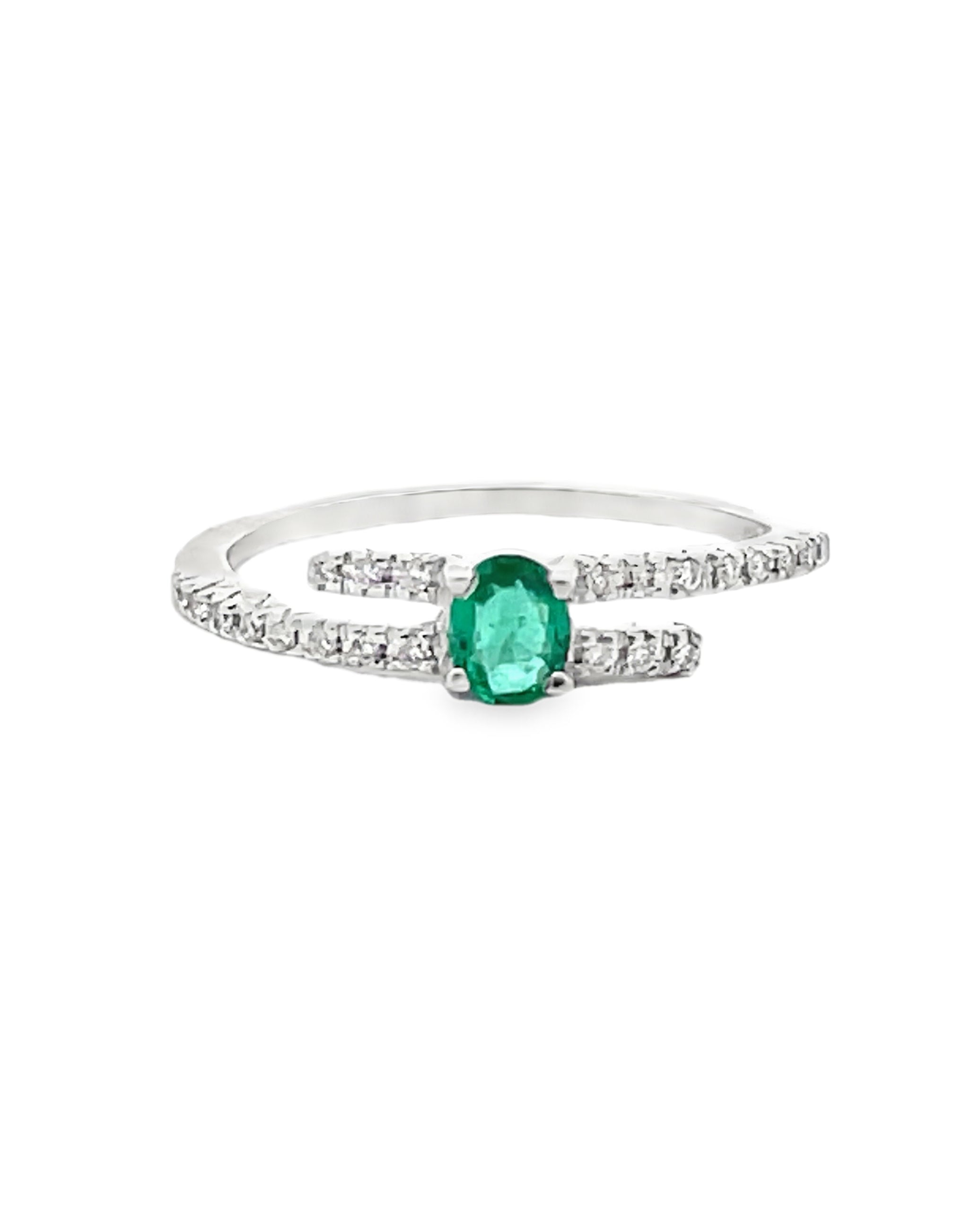 14K White Gold Bypass Ring with Emerald and Diamonds