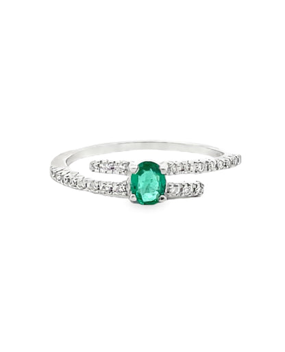14K White Gold Bypass Ring with Emerald and Diamonds