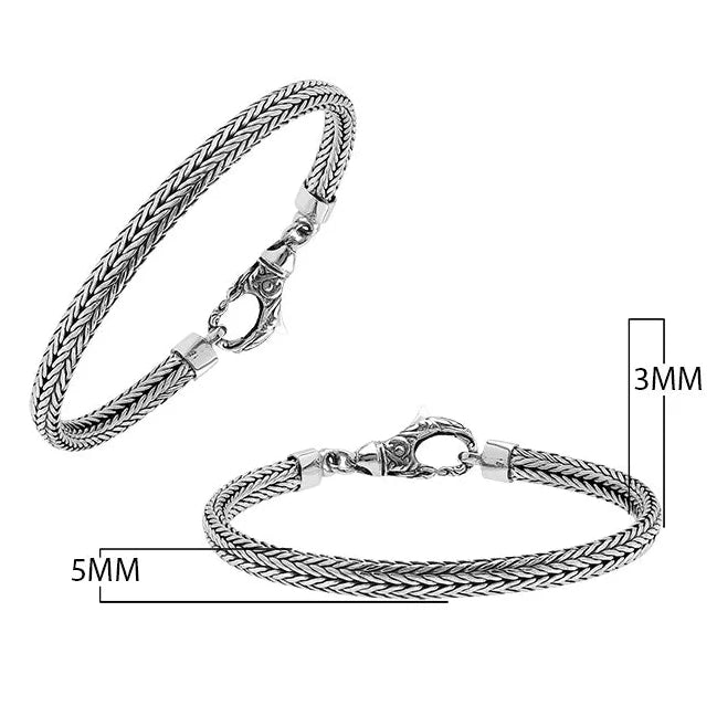 Sterling Silver 5mm Balinese Woven Chain Bracelet, 8 inches with Large Lobster Lock