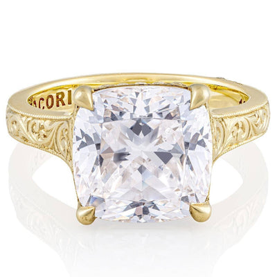 Tacori, Founder's Collection, Scroll Hand Engraved Wide Band Cushion Solitaire Engagement Ring Setting in 18K Yellow Gold
