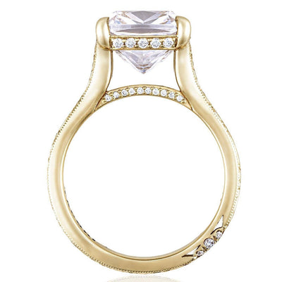Tacori, Founder's Collection, Scroll Hand Engraved Wide Band Cushion Solitaire Engagement Ring Setting in 18K Yellow Gold