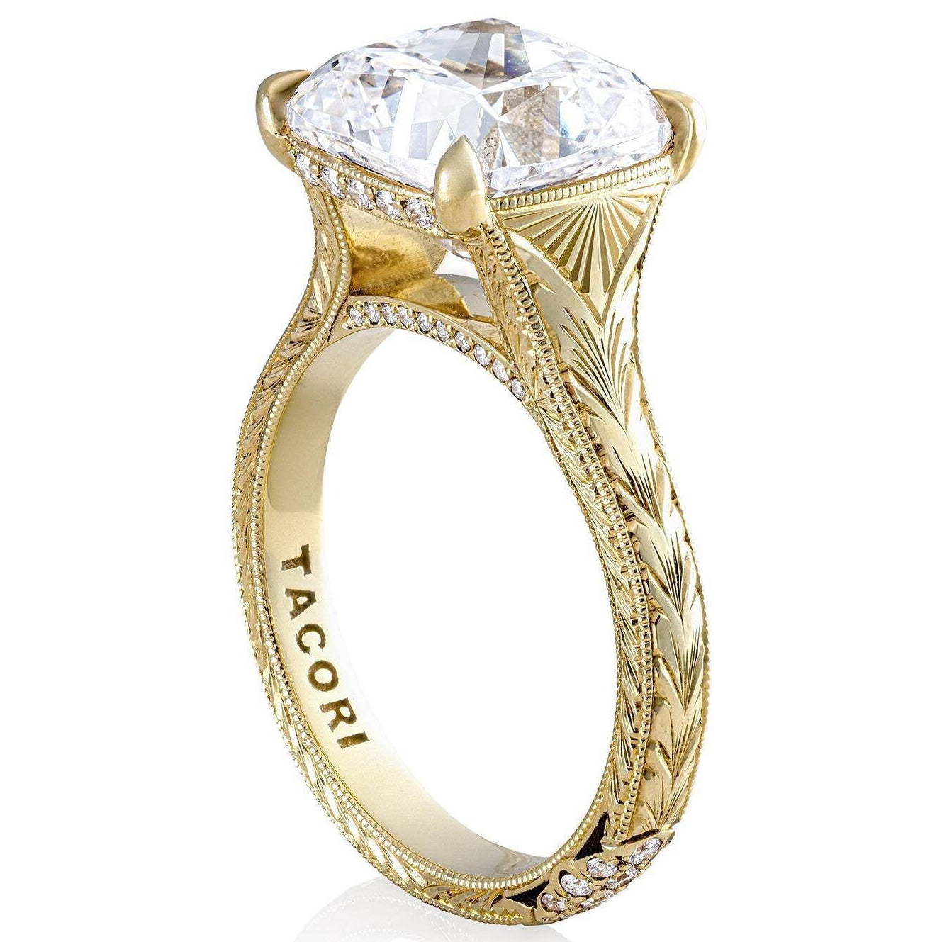 Tacori, Founder's Collection, Wheat Hand Engraved Wide Band Cushion Solitaire Engagement Ring Setting in 18K Yellow Gold