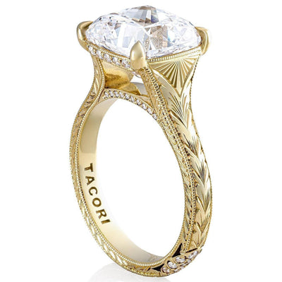 Tacori, Founder's Collection, Wheat Hand Engraved Wide Band Cushion Solitaire Engagement Ring Setting in 18K Yellow Gold