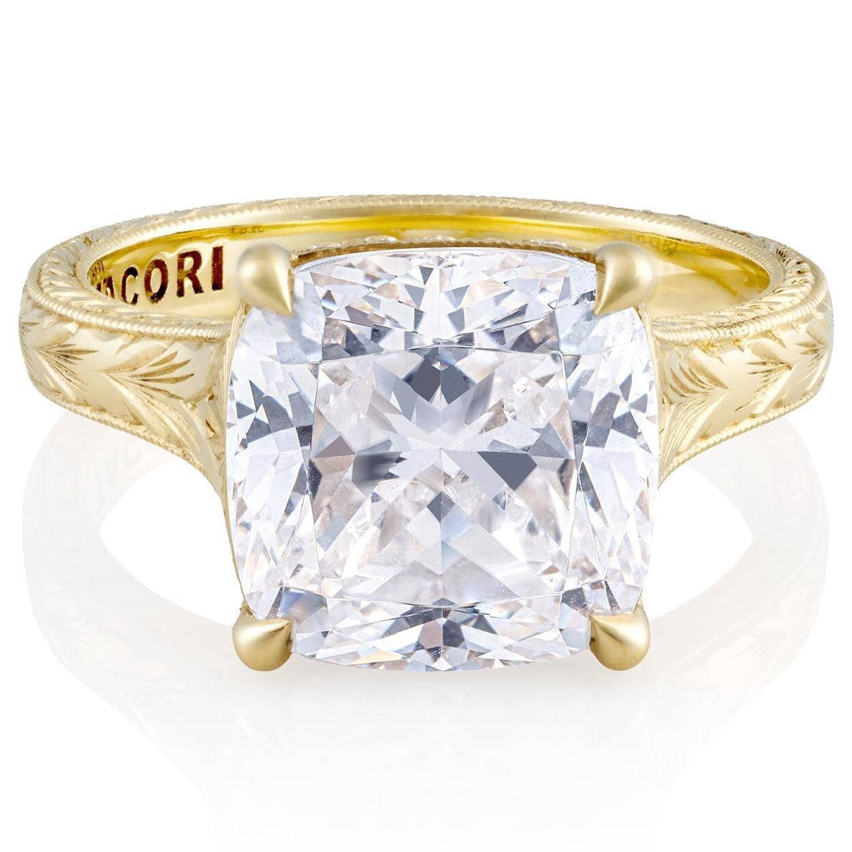 Tacori, Founder's Collection, Wheat Hand Engraved Wide Band Cushion Solitaire Engagement Ring Setting in 18K Yellow Gold