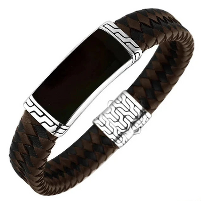 Sterling Silver Handcrafted Bracelet, 8 inches with Black Shell Inlay and Mix Leather (Brown and Black) Band
