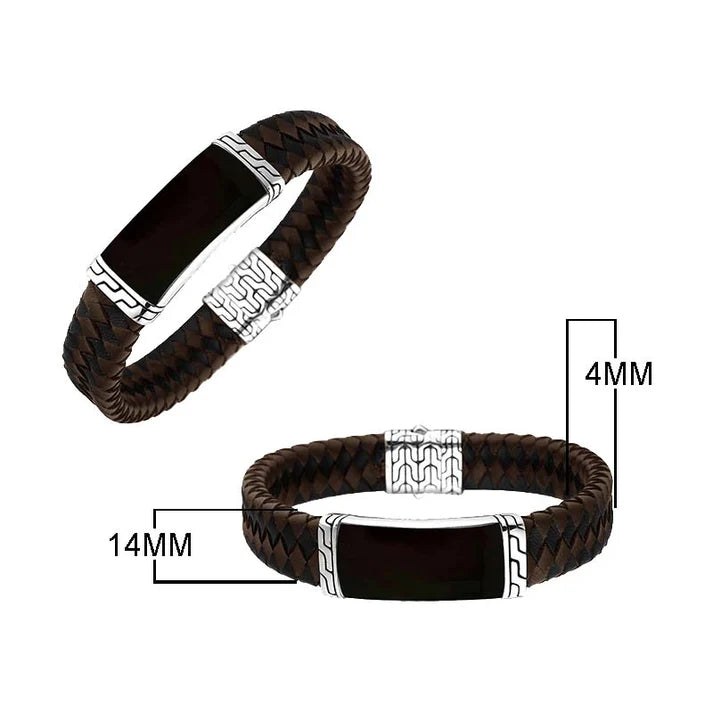 Sterling Silver Handcrafted Bracelet, 8 inches with Black Shell Inlay and Mix Leather (Brown and Black) Band
