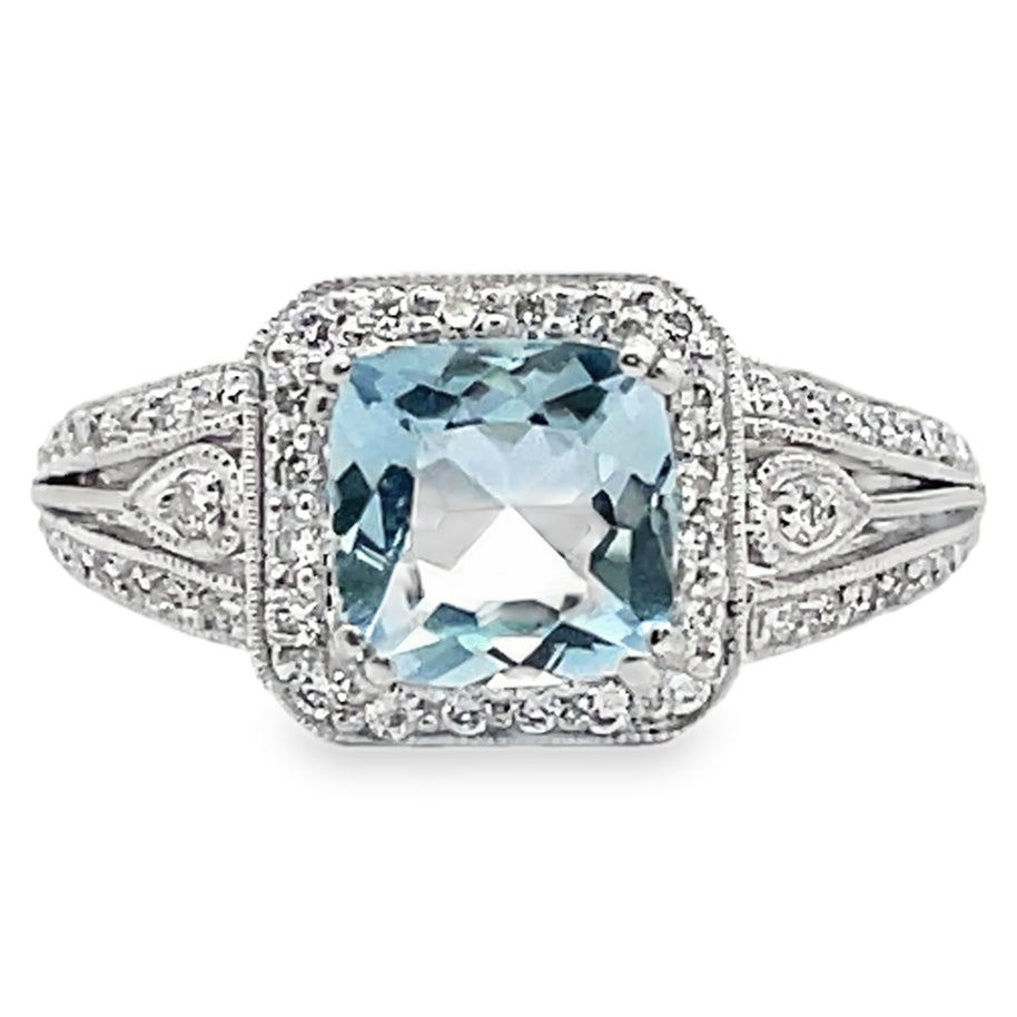 Platinum Vintage Inspired 1.30 Carat Blue Topaz Ring and 0.40 Carat Diamonds