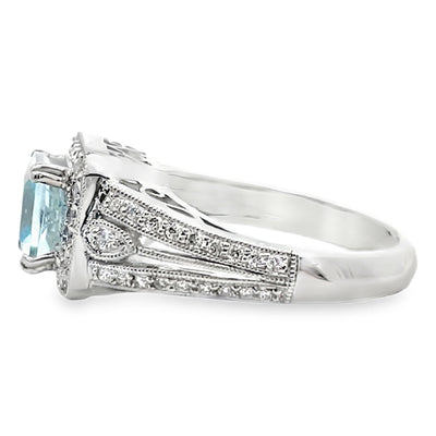 Platinum Vintage Inspired 1.30 Carat Blue Topaz Ring and 0.40 Carat Diamonds