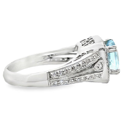 Platinum Vintage Inspired 1.30 Carat Blue Topaz Ring and 0.40 Carat Diamonds