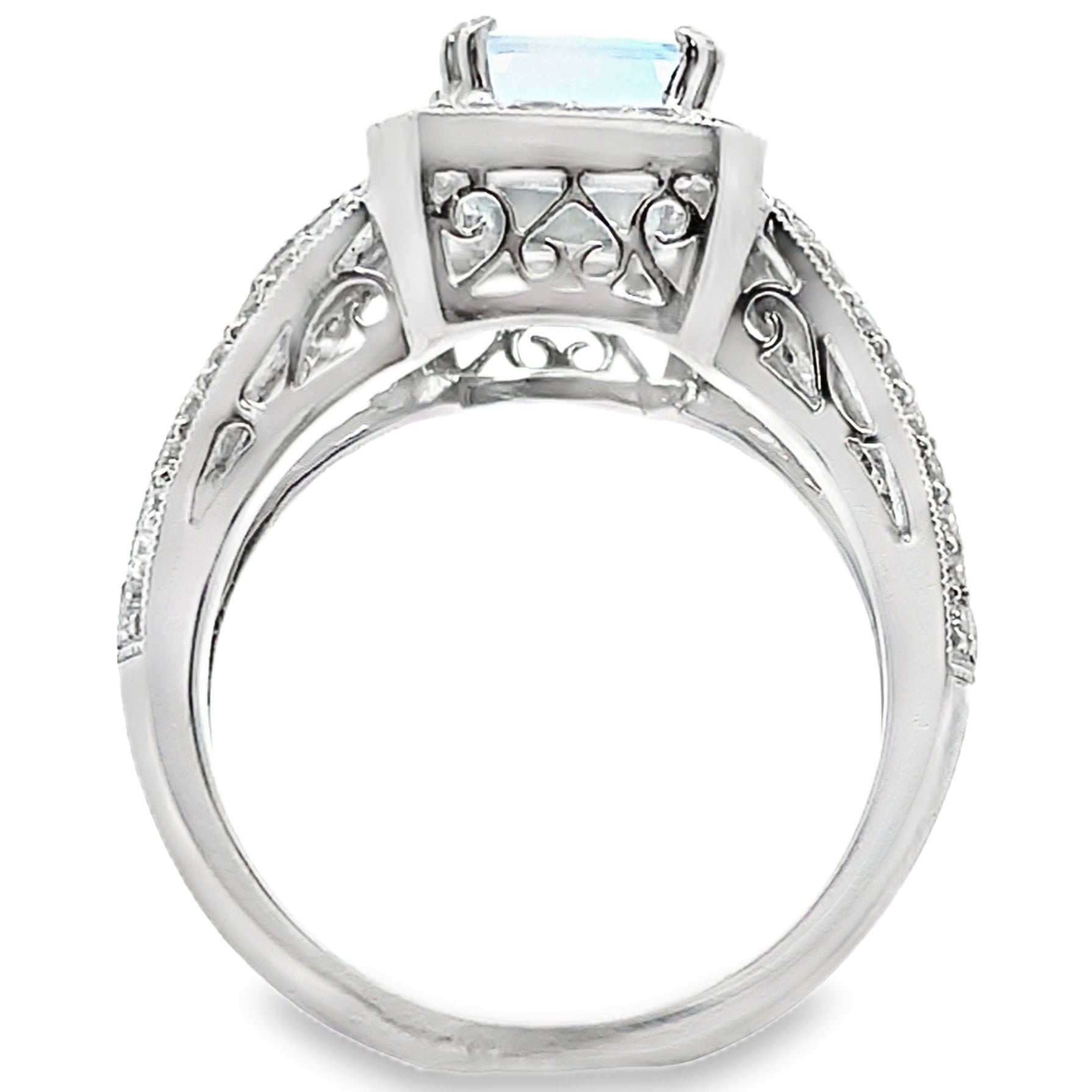 Platinum Vintage Inspired 1.30 Carat Blue Topaz Ring and 0.40 Carat Diamonds