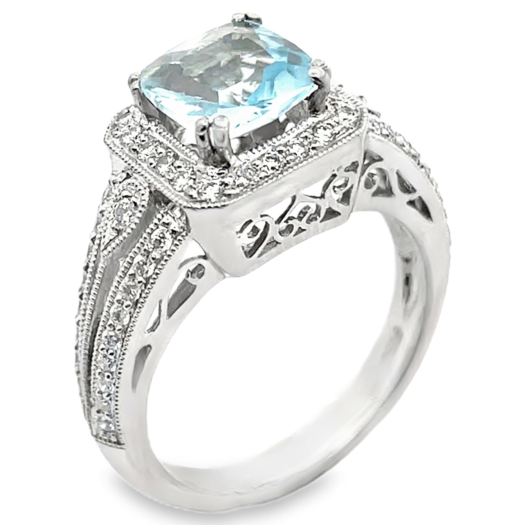 Platinum Vintage Inspired 1.30 Carat Blue Topaz Ring and 0.40 Carat Diamonds