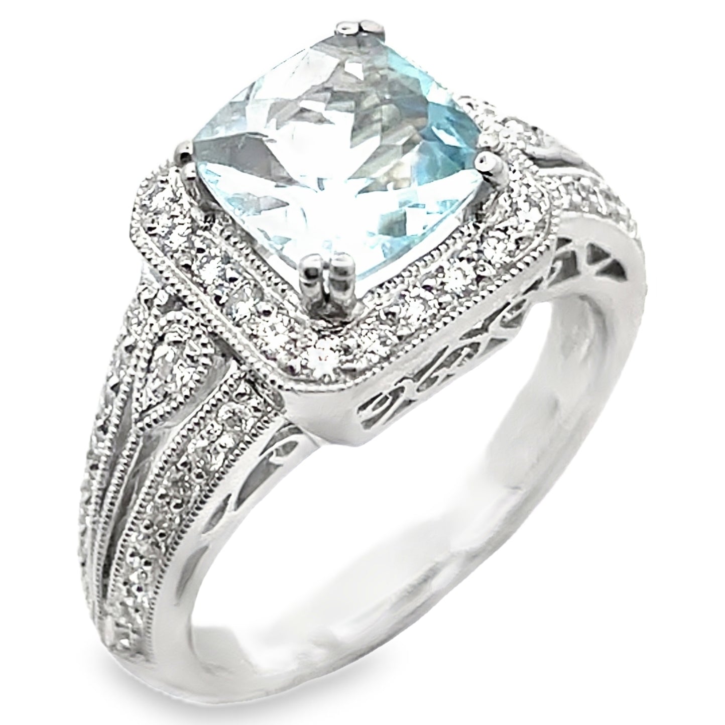 Platinum Vintage Inspired 1.30 Carat Blue Topaz Ring and 0.40 Carat Diamonds