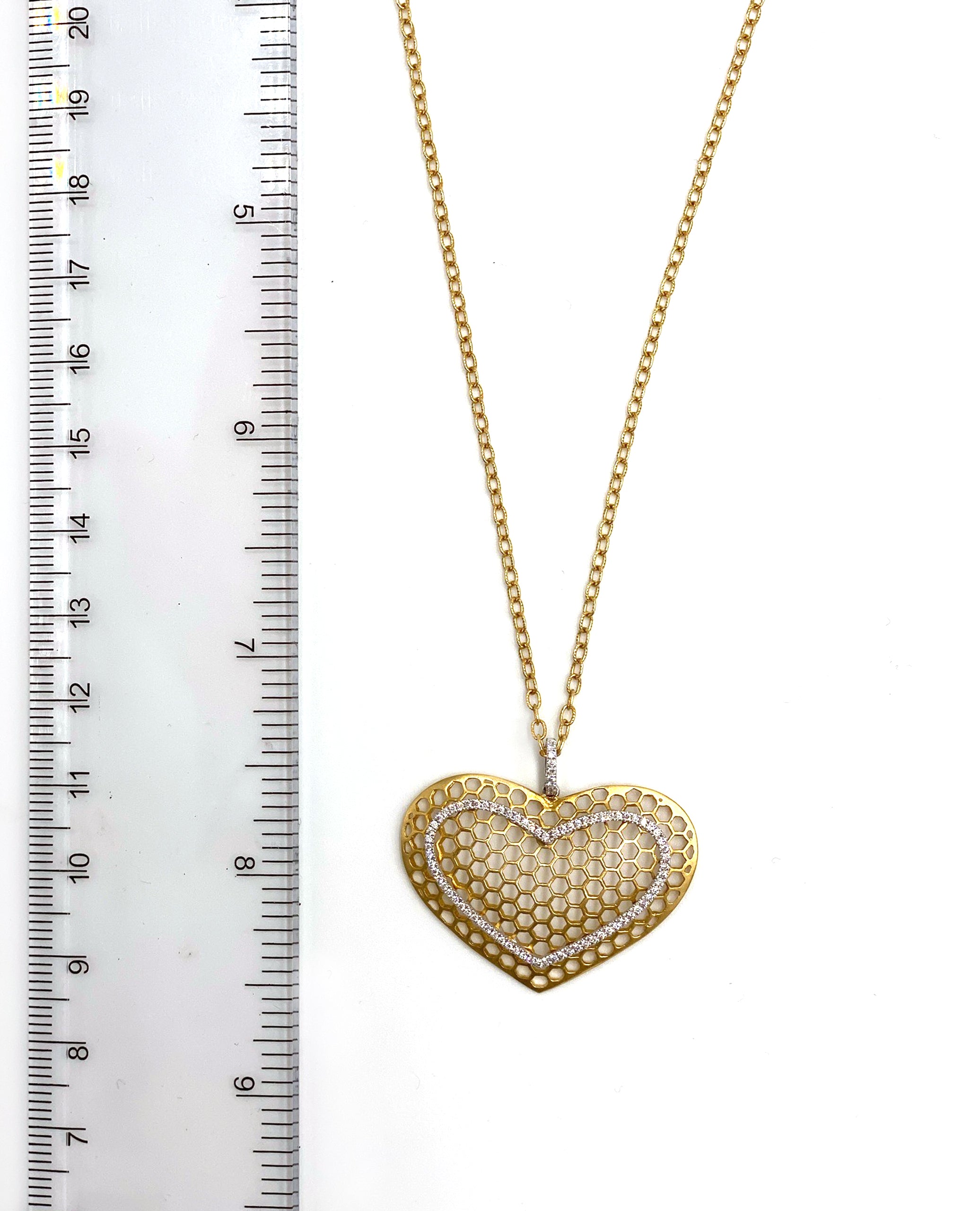 Honeycomb Heart Necklace with Matte Finish and Pave 0.30 Carats Diamonds in 18K Yellow