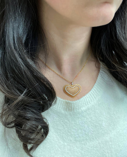 Honeycomb Heart Necklace with Matte Finish and Pave 0.30 Carats Diamonds in 18K Yellow