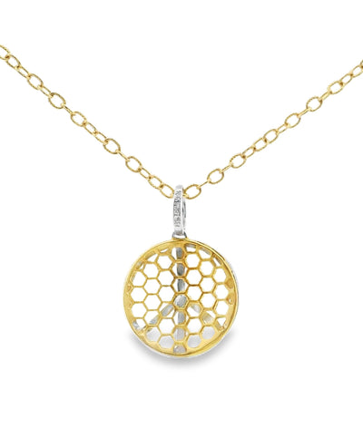 Round Honeycomb Peace Diamond Necklace in 18K Yellow Gold