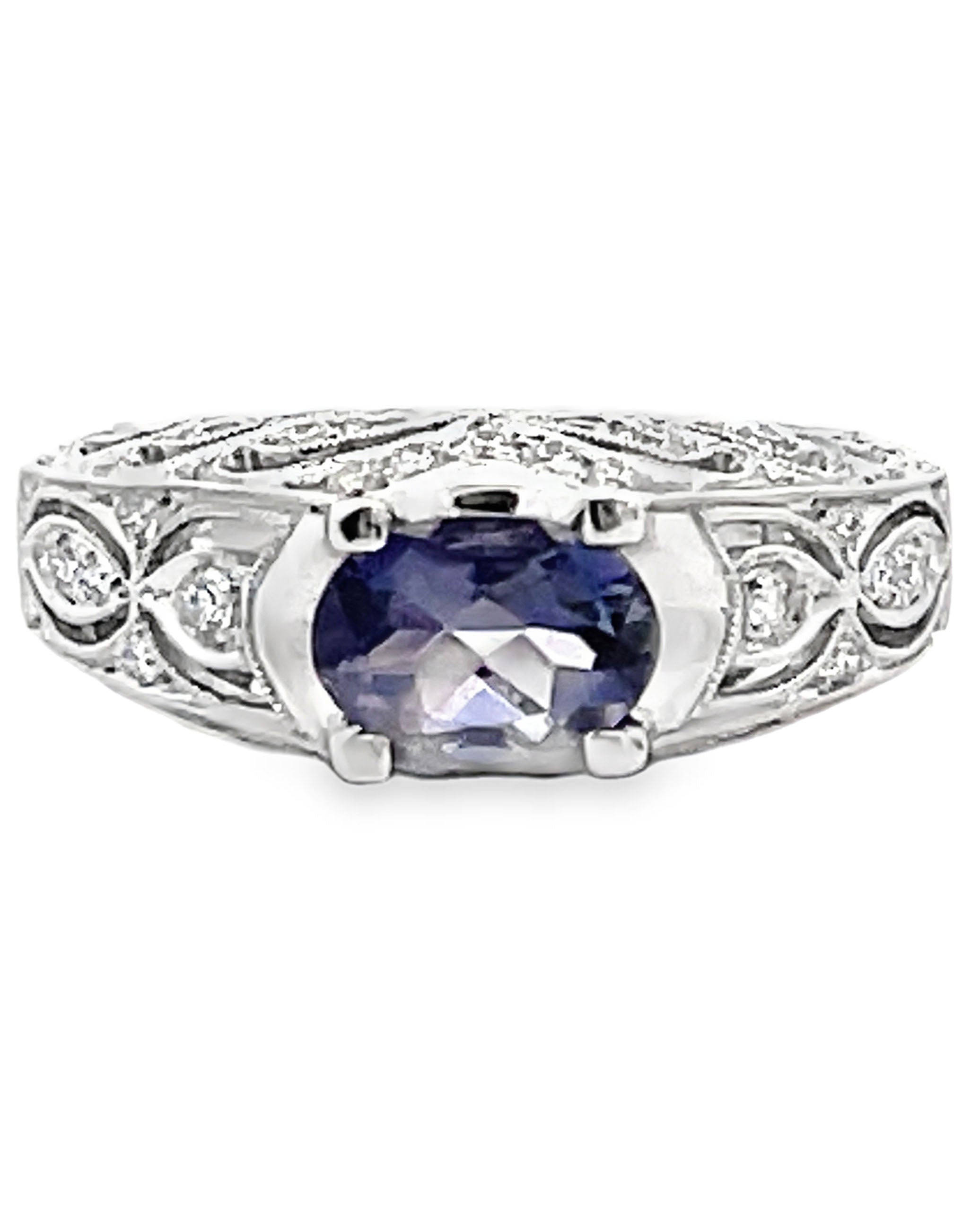 Zeghani ZR201 14K White Gold 0.41 Carat Diamond Ring with 7x5mm Oval Iolite
