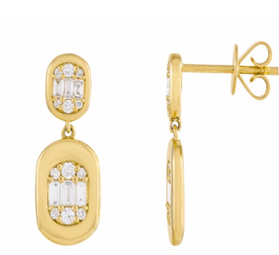 14K Yellow Gold Drop Earrings With Posts, Pushback Closures, Round Diamonds Totaling 0.25 Carats And Baguette Diamonds Totaling 0.40 Carats
