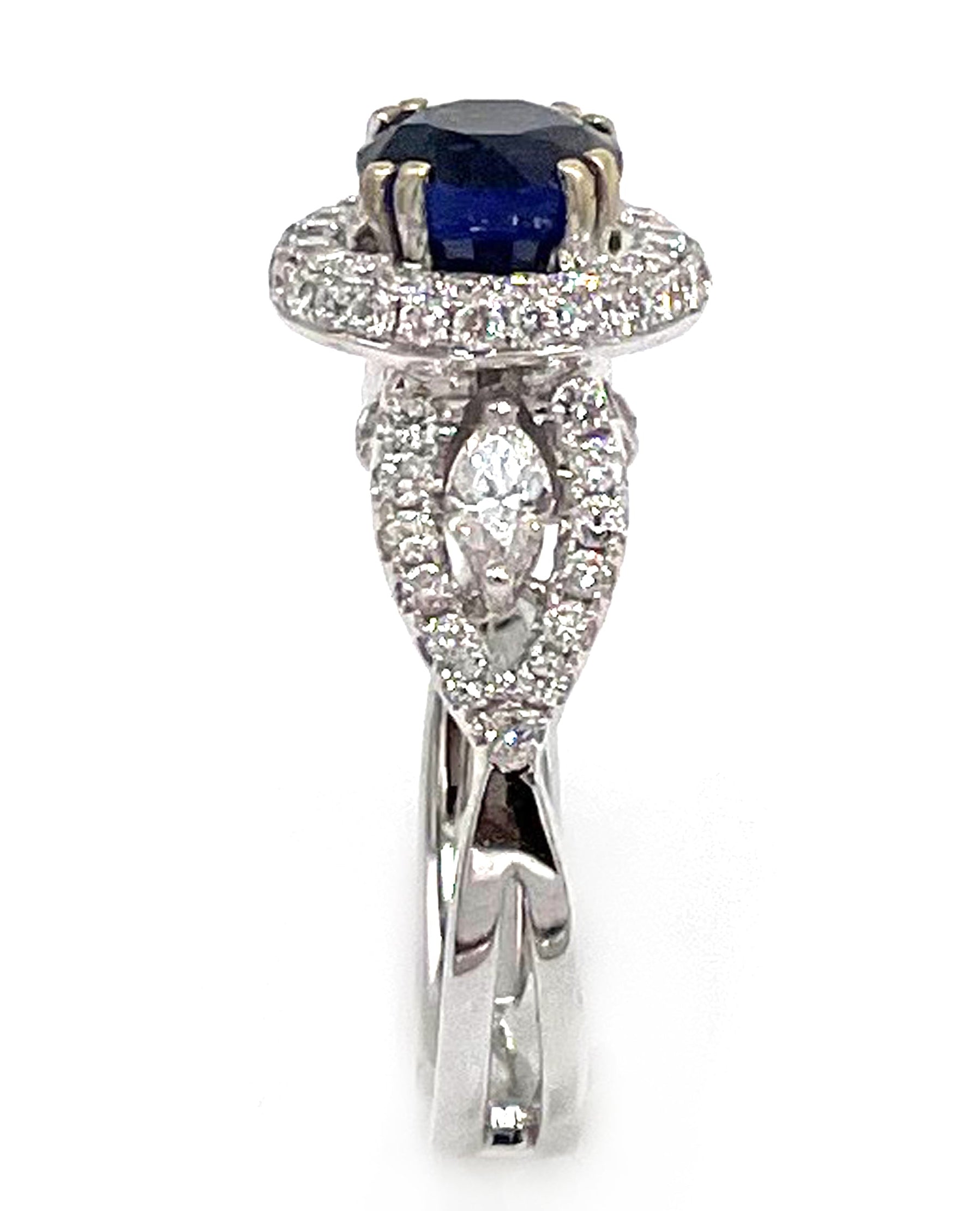 Vanna K 18K White Gold Halo Ring with Round Sapphire and Marquise Diamonds