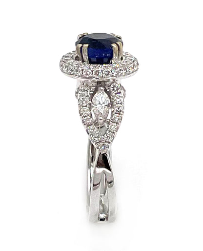 Vanna K 18K White Gold Halo Ring with Round Sapphire and Marquise Diamonds